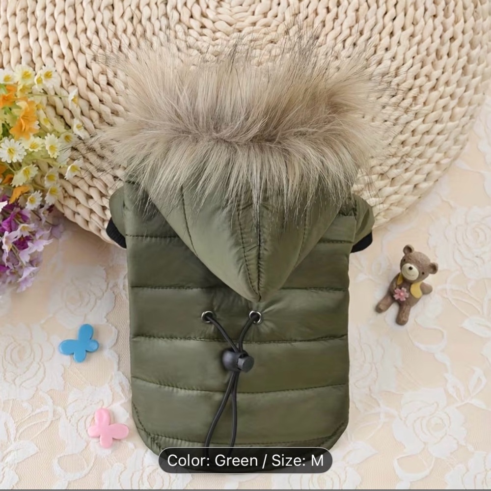 🎉 Host Pick 🎉 Dog Green Hooded Winter Puffer Parka Jacket Coat Faux Fur Trim